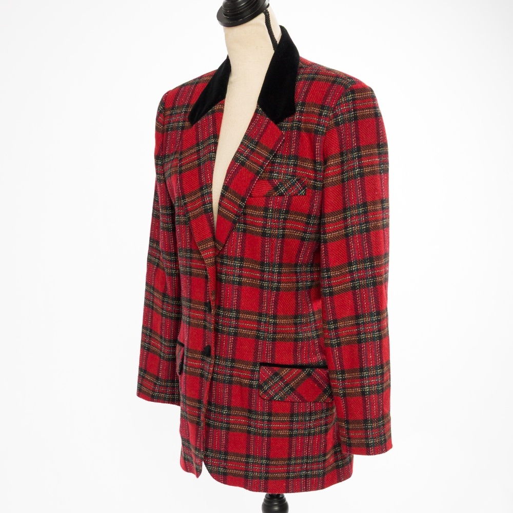 Vintage wool tartan plaid blazer with black velvet trim & buttons M - Picture 3 of 16
